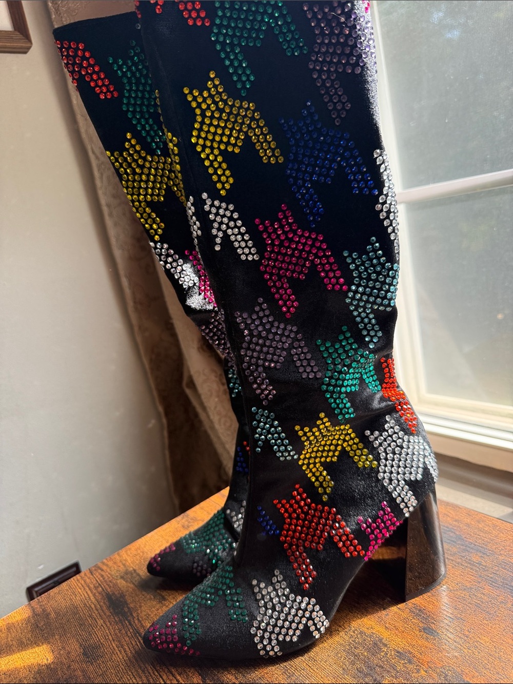 Betsey Johnson Black Knee Boots with Multicolor Stud Arrow Motifs